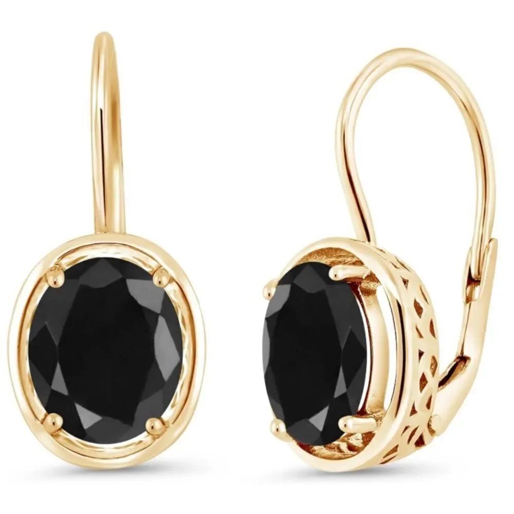 18K Yellow Gold 925 with 5.08 Cttw Black Sapphire Oval Leverback Drop Earrings